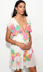 Load image into Gallery viewer, MULTI FLOWER SLEEVES SHORT DRESS
