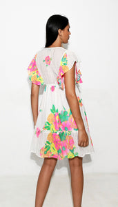 MULTI FLOWER SLEEVES SHORT DRESS