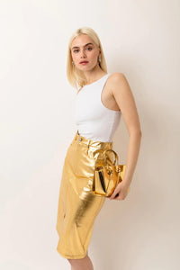 LUPE GOLD METALLIC LEATHER MIDI SKIRT