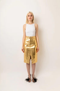 LUPE GOLD METALLIC LEATHER MIDI SKIRT