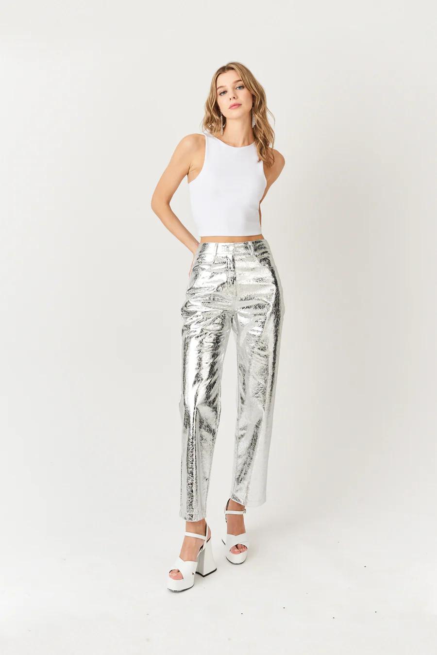 LUPE SILVER TEXTURED METALLIC TROUSERS