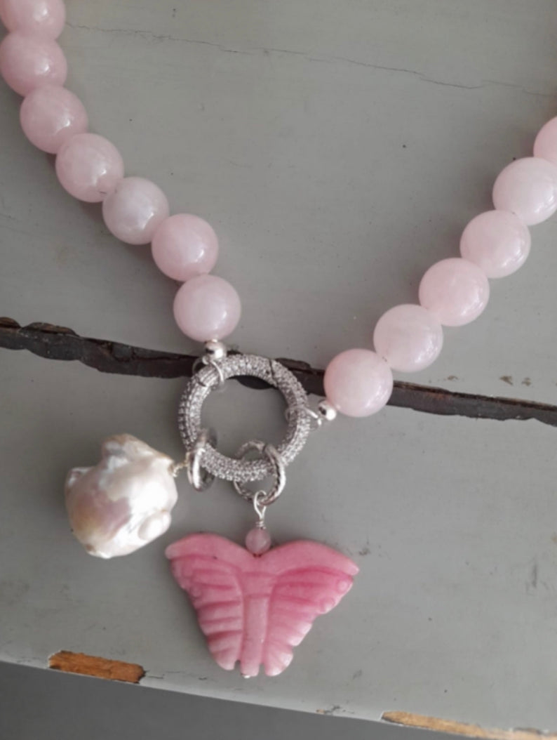 Pink gemstone butterfly necklace