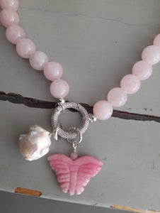 Pink gemstone butterfly necklace