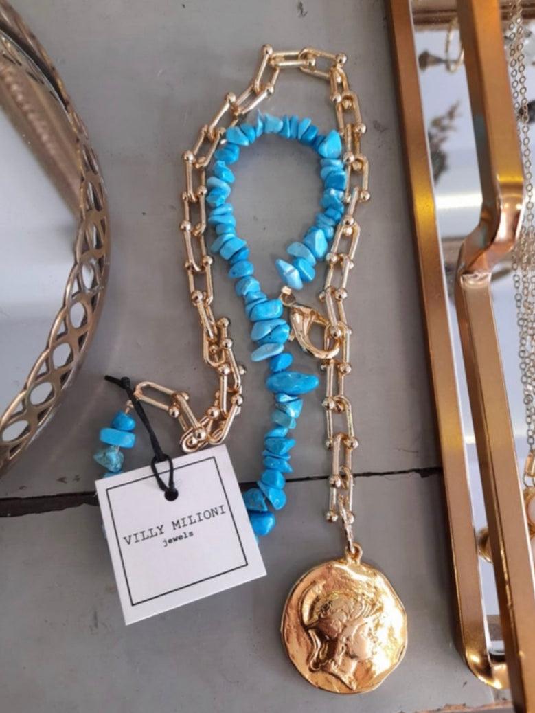 Turquoise chain with vintage coin