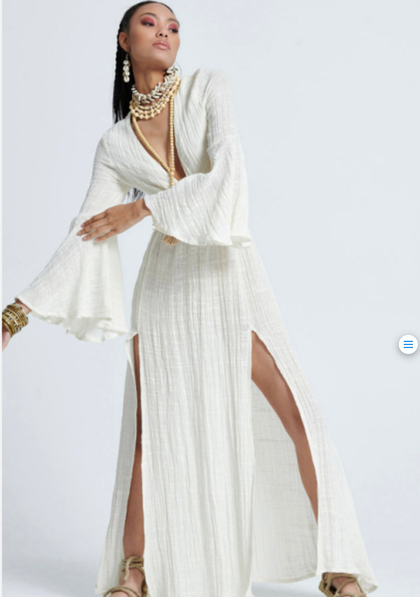 LONGSLEEVELE GAUZE RING LONG DRESS IN OFF WHITE