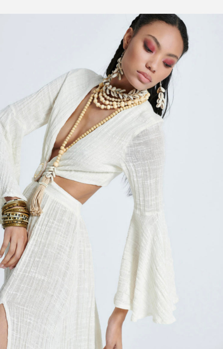 LONGSLEEVELE GAUZE RING LONG DRESS IN OFF WHITE